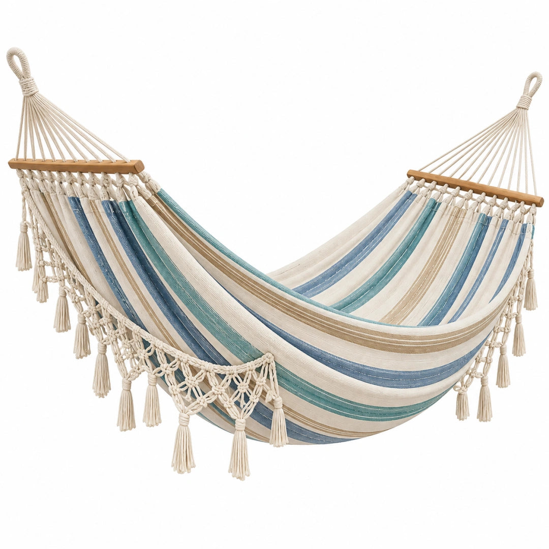 Hamac 300 x 100 cm en coton beige bleu et vert avec barres en bois style bohème