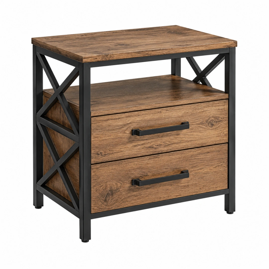 Table de chevet 60 x 40 x 70 cm décor bois brun structure métal noir industrielle avec 2 tiroirs