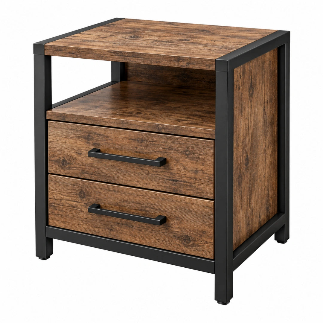 Table de chevet 50 x 40 x 60 cm effet bois brun et métal noir avec 2 tiroirs style industriel