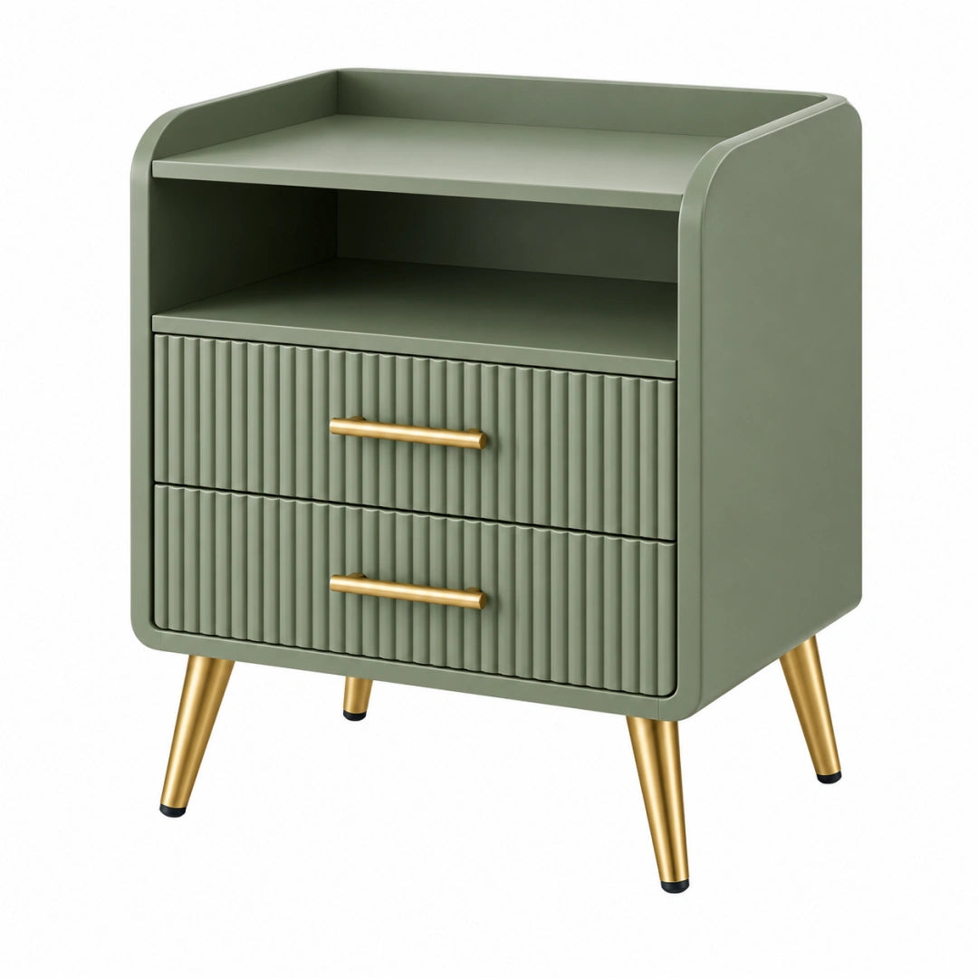 Table de chevet 50 x 40 x 70 cm en panneaux de bois vert sauge à 2 tiroirs style moderne