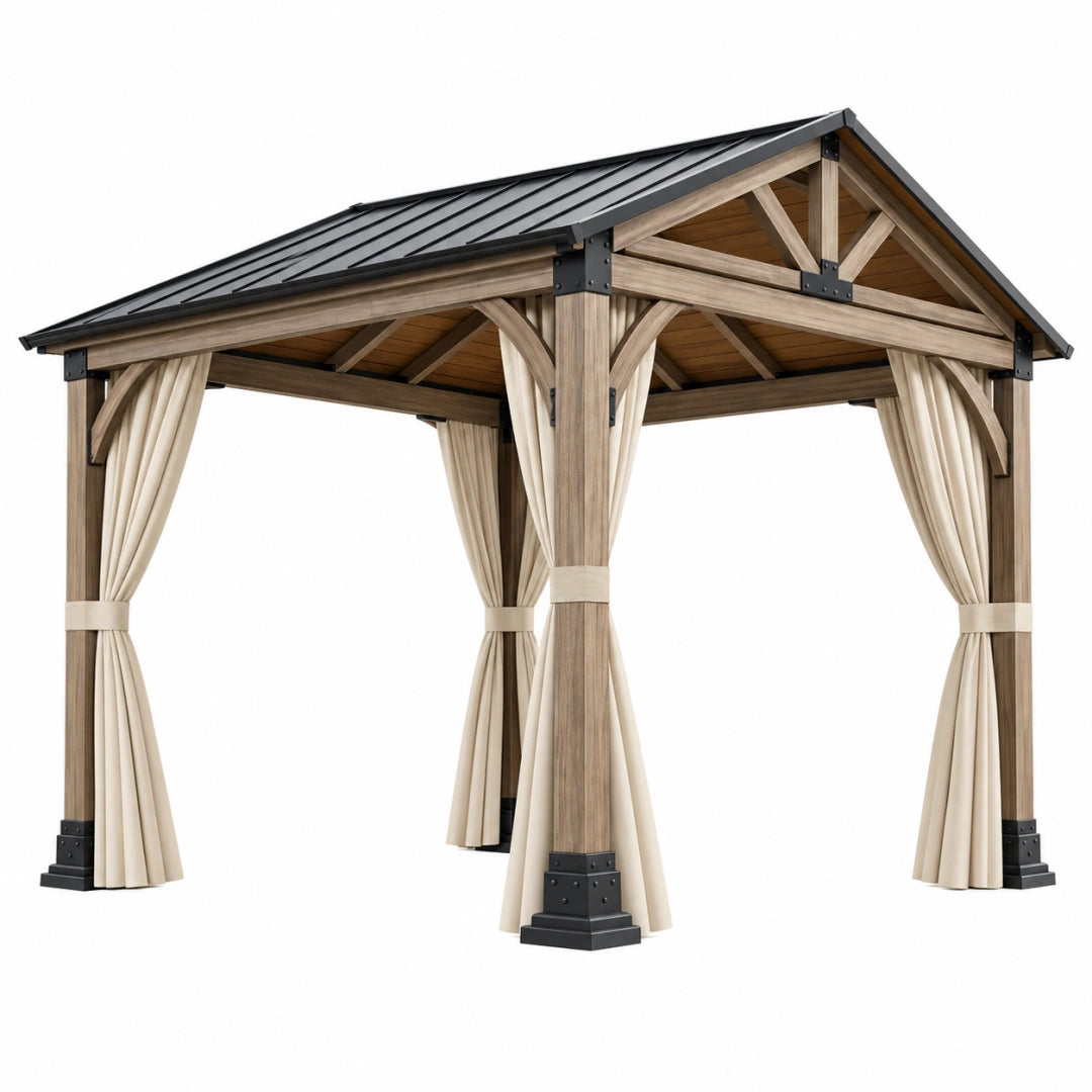 Tonnelle de jardin 400 x 300 cm en bois brun avec toit métallique noir et rideaux