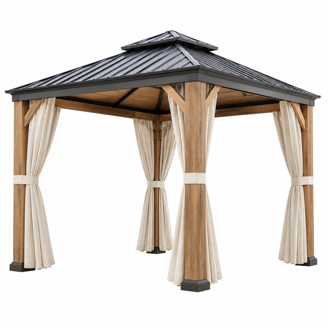 Pavillon de jardin 300 x 300 x 300 cm en bois marron avec toit métallique noir et rideaux beiges