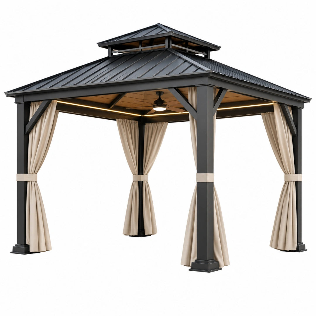 Pavillon de jardin 400 x 300 x 300 cm en acier noir avec rideaux style contemporain