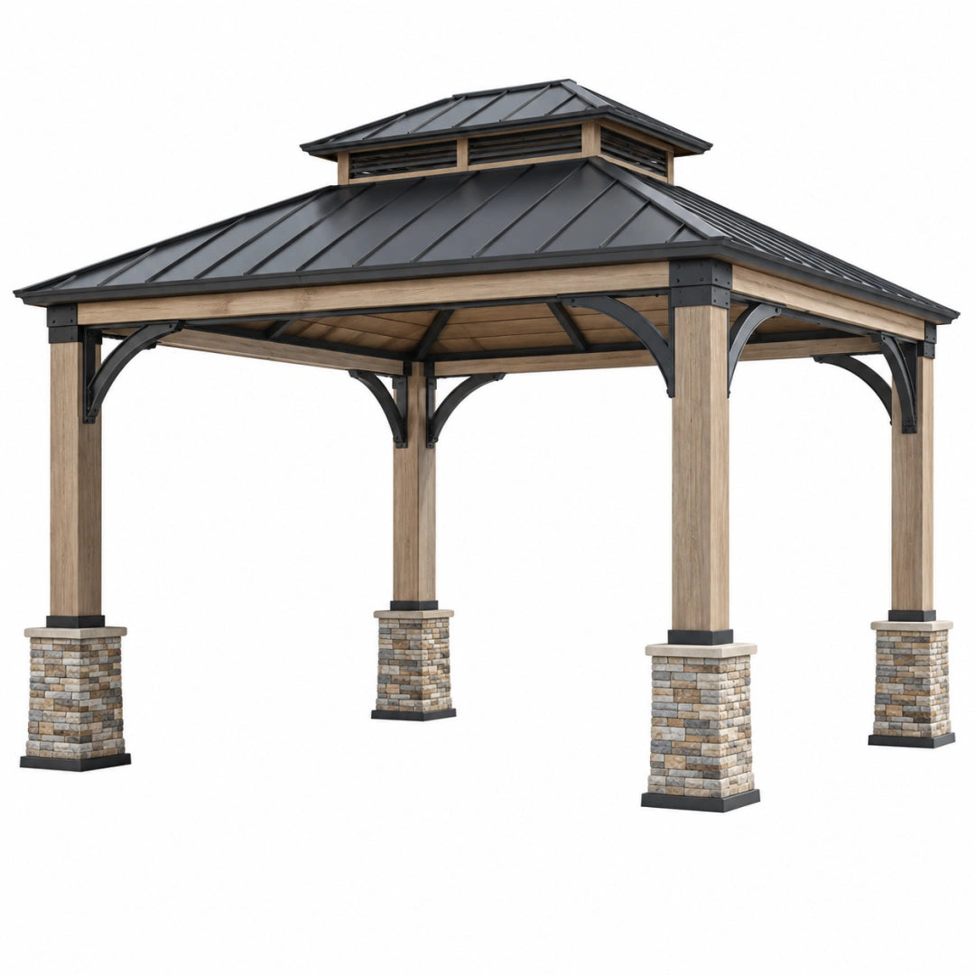 Pavillon de jardin 400 x 400 x 350 cm en bois et métal gris anthracite style contemporain
