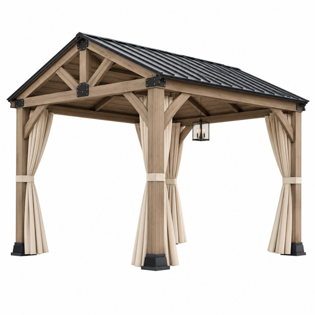Tonnelle de jardin 300 x 300 x 280 cm en bois beige avec toit en métal noir et rideaux