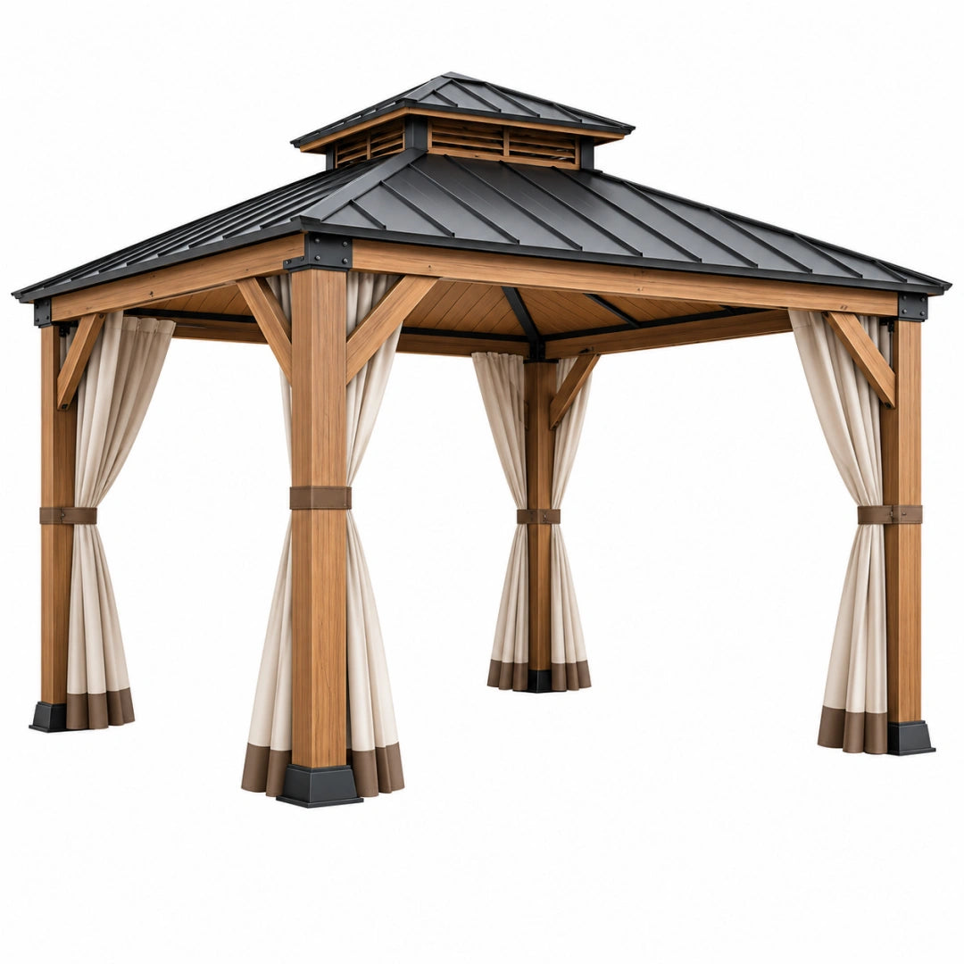 Tonnelle de jardin 300 x 300 x 300 cm en bois et métal noir beige avec rideaux style pavillon