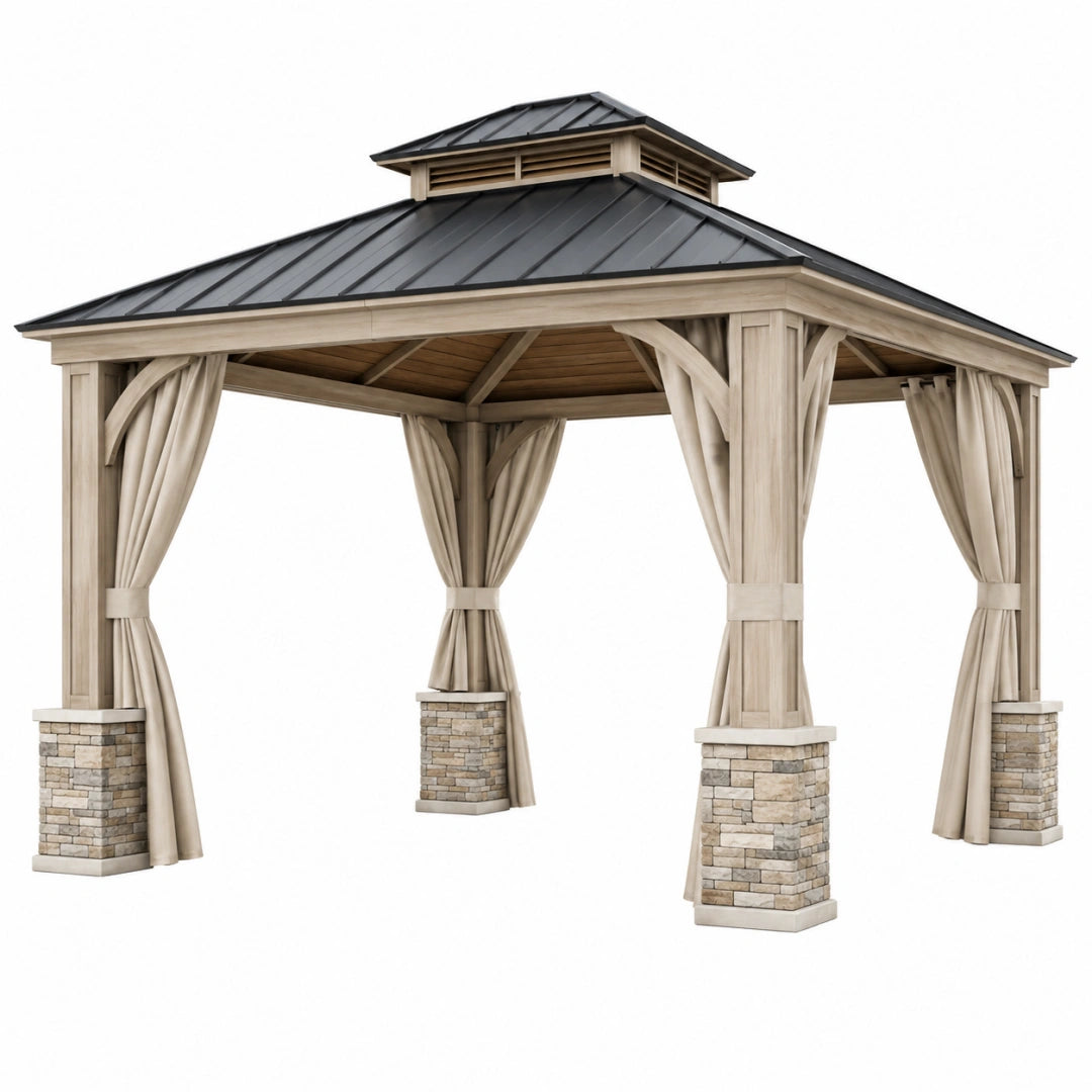 Pavillon de jardin 400 x 400 x 360 cm en bois beige avec toit en métal et rideaux style rustique