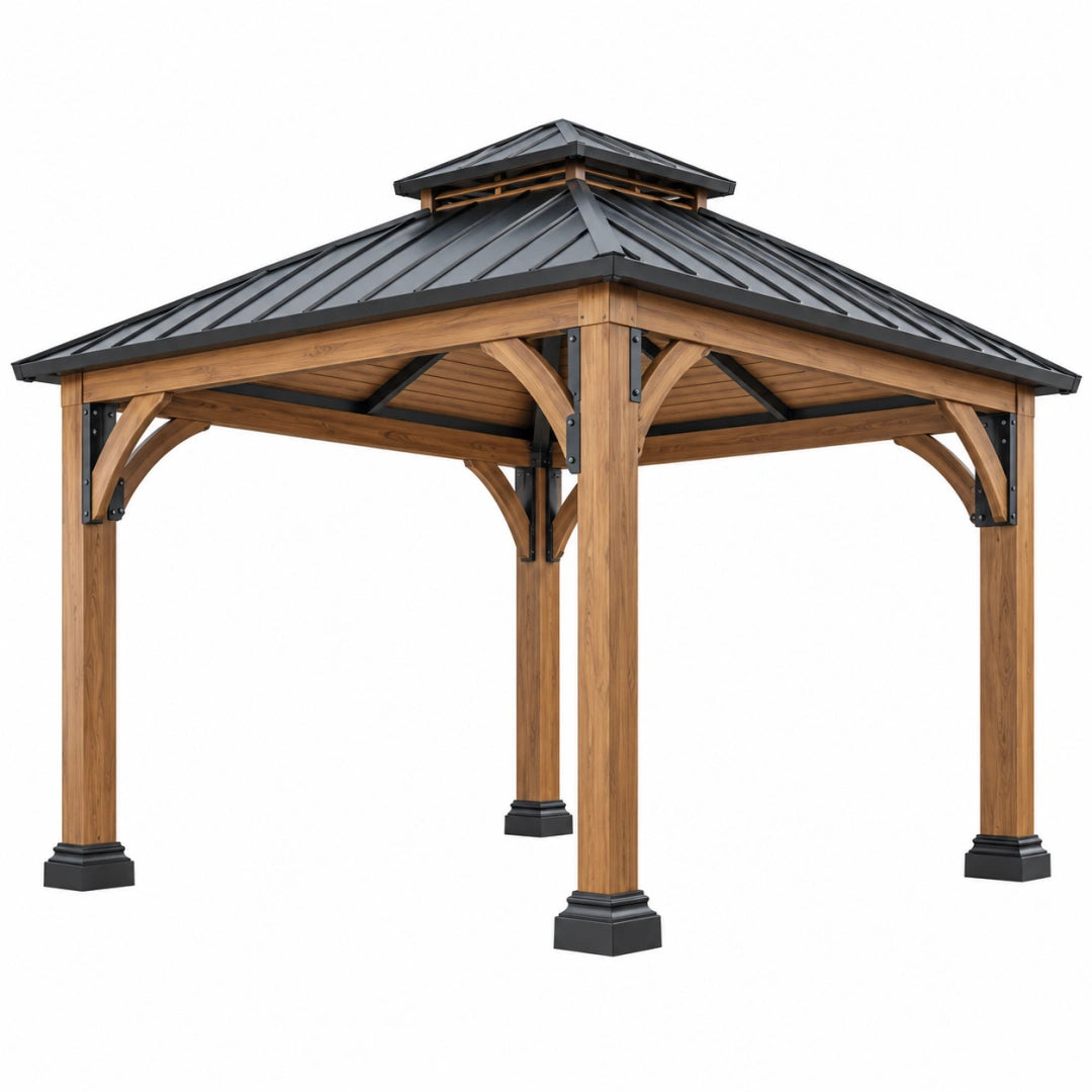 Tonnelle de jardin 400 x 400 cm en bois et métal marron noir avec toit rigide