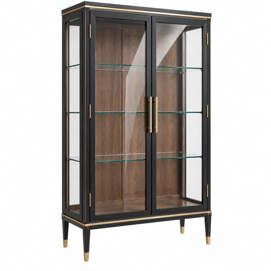Vitrine 100 x 40 x 180 cm en bois et verre noir noyer style contemporain