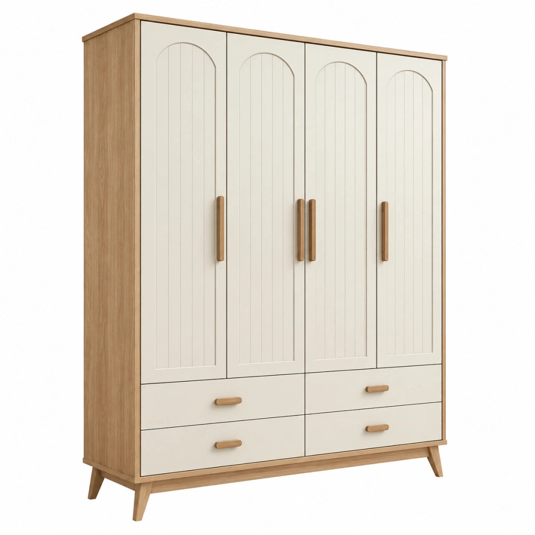 Armoire 160 x 50 x 200 cm en panneaux de bois chêne clair et blanc cassé rangement style rétro