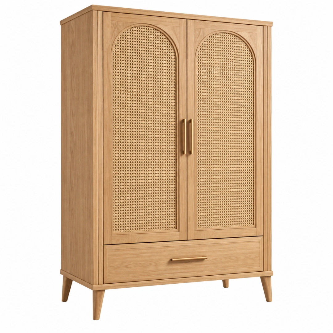 Armoire de rangement 100 x 50 x 180 cm en bois naturel et cannage style vintage