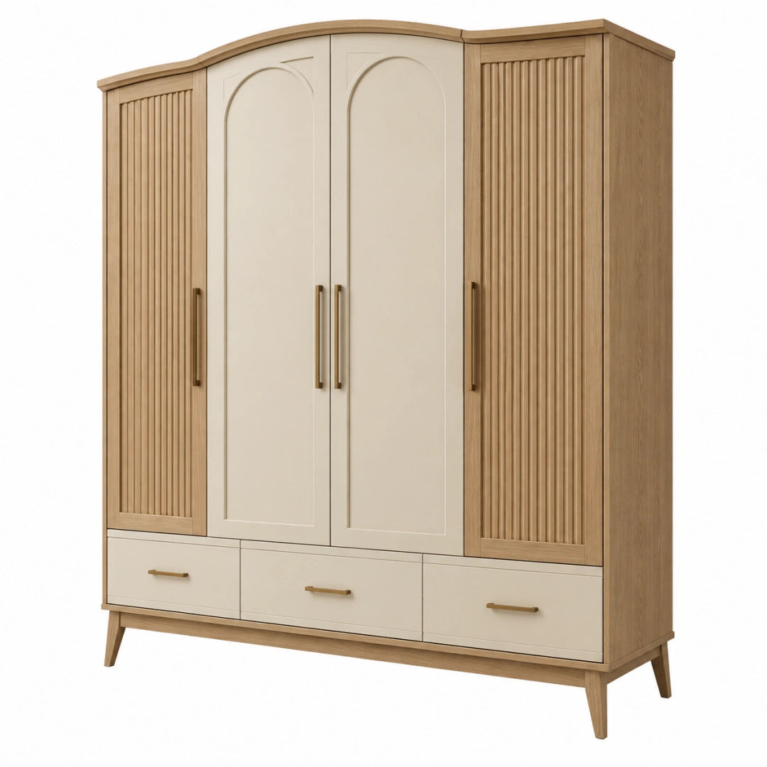 Armoire 180 x 60 x 200 cm en bois beige et chêne à 4 portes avec tiroirs style contemporain