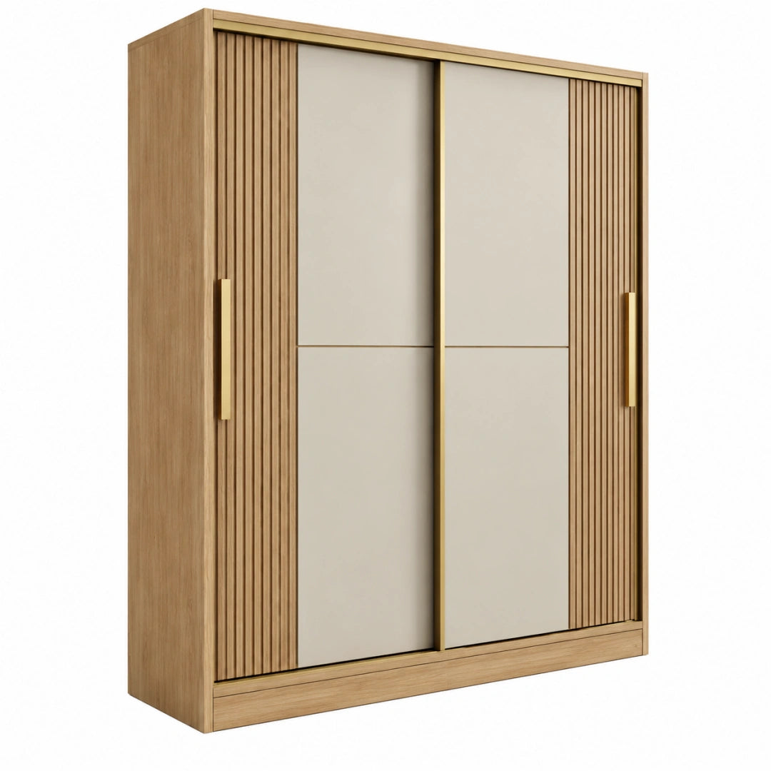 Armoire de rangement 120 x 60 x 200 cm en panneaux de bois chêne clair beige à portes coulissantes style contemporain