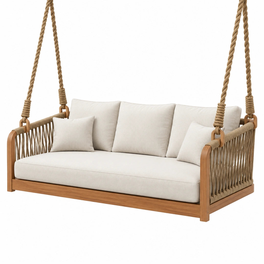 Balancelle canapé suspendue 180 x 85 cm en bois et corde beige style bohème