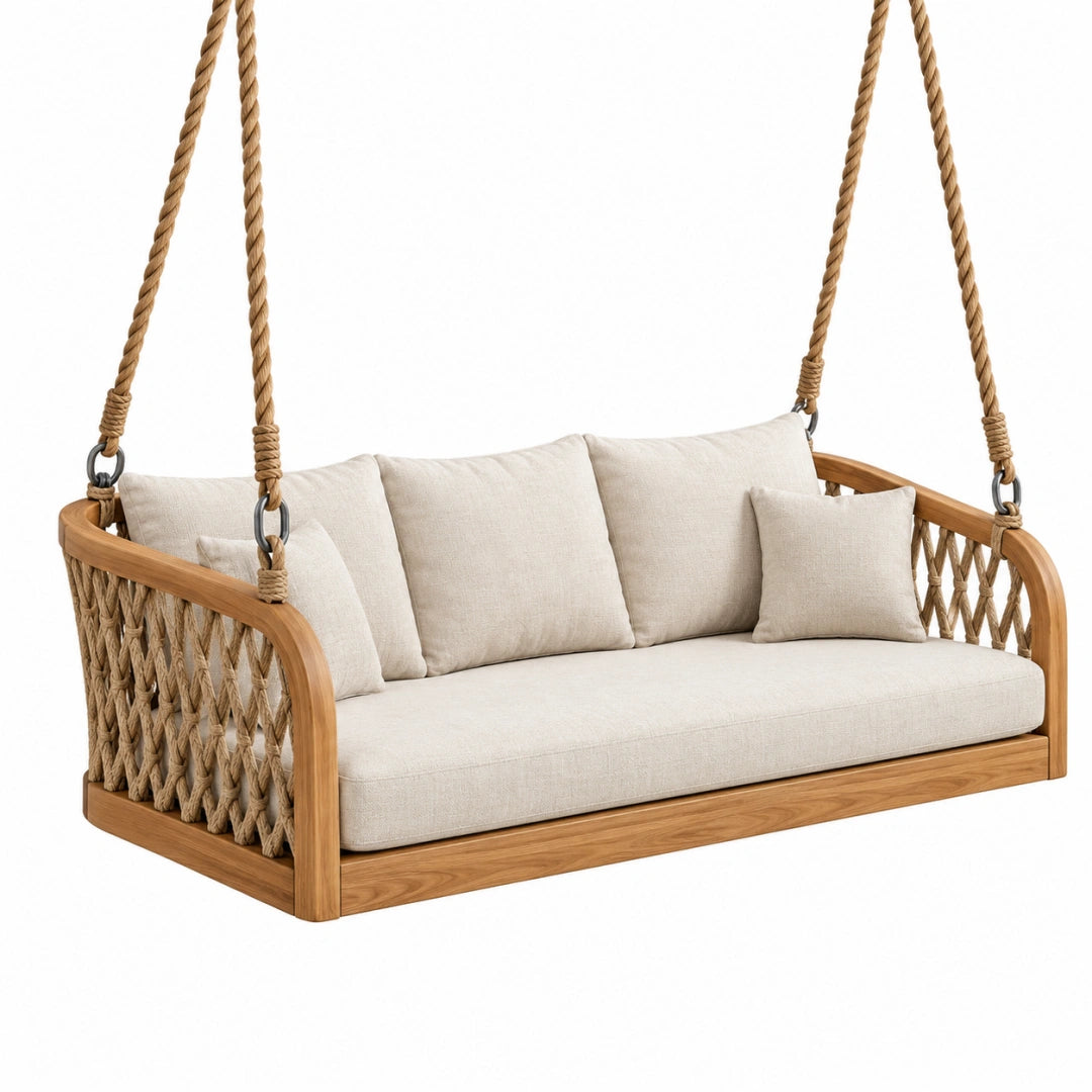 Balancelle suspendue 160 x 80 x 65 cm en bois et corde beige style bohème