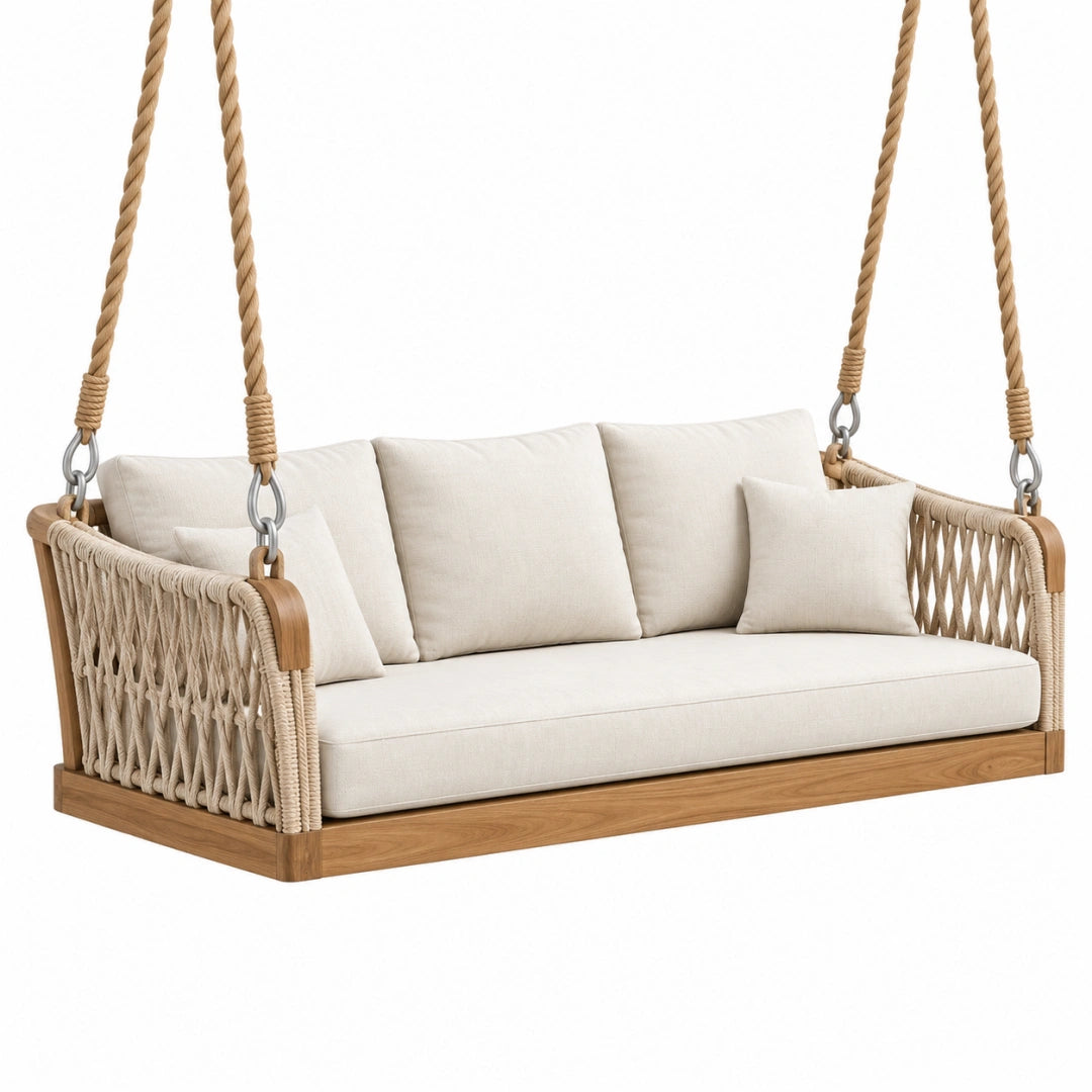 Balancelle suspendue 2 places 180 x 80 x 70 cm bois et corde beige style bohème