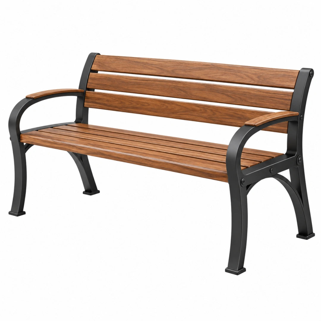 Banc de jardin 150 cm en bois marron et métal noir avec accoudoirs classique