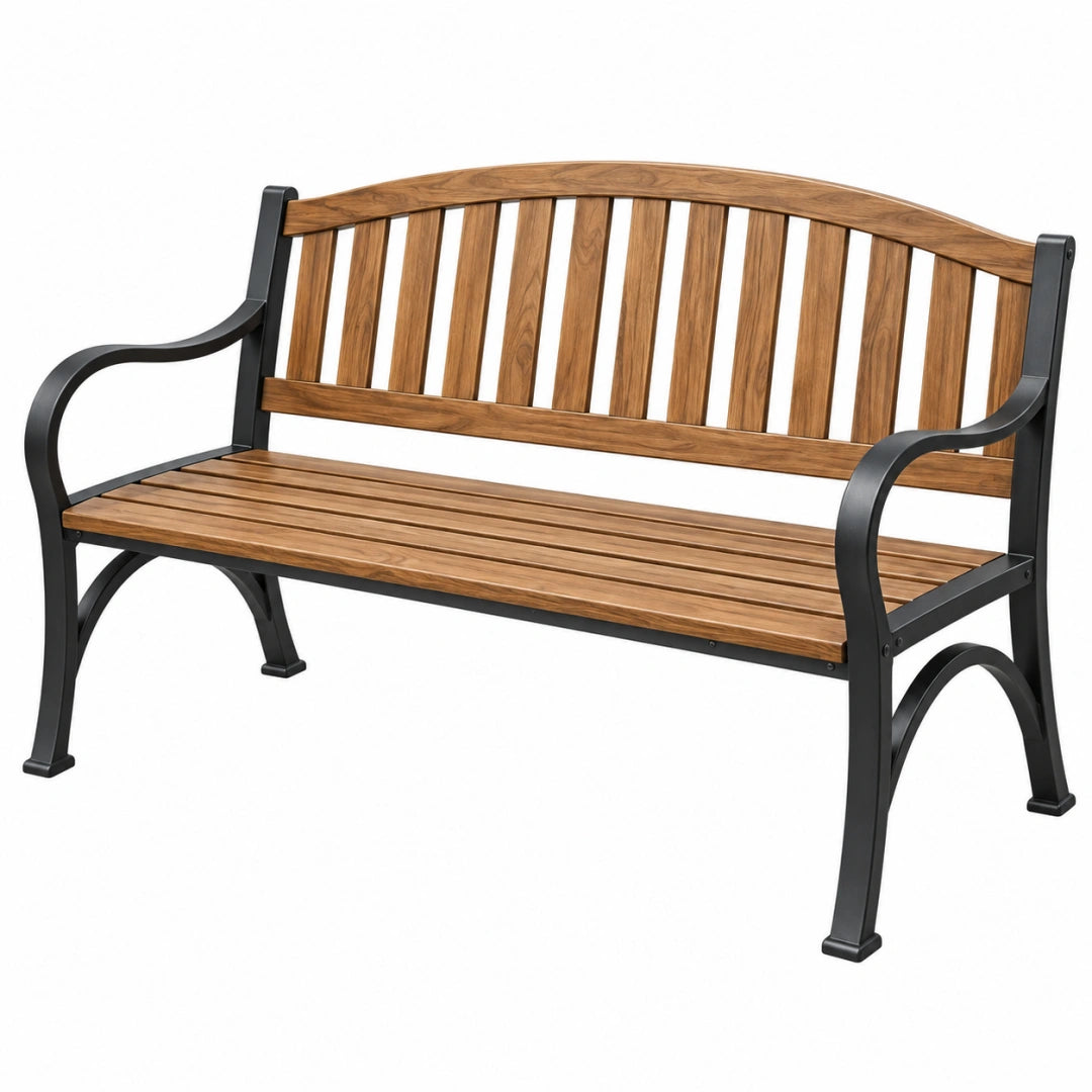 Banc de jardin 120 x 65 x 85 cm en bois marron et métal noir avec accoudoirs