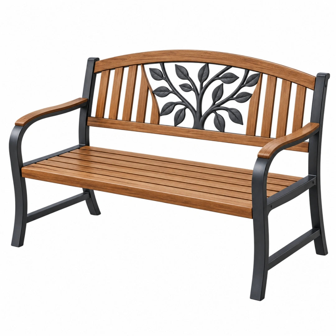 Banc de jardin 122 x 61 x 88 cm métal noir et bois brun avec accoudoirs motif feuillage