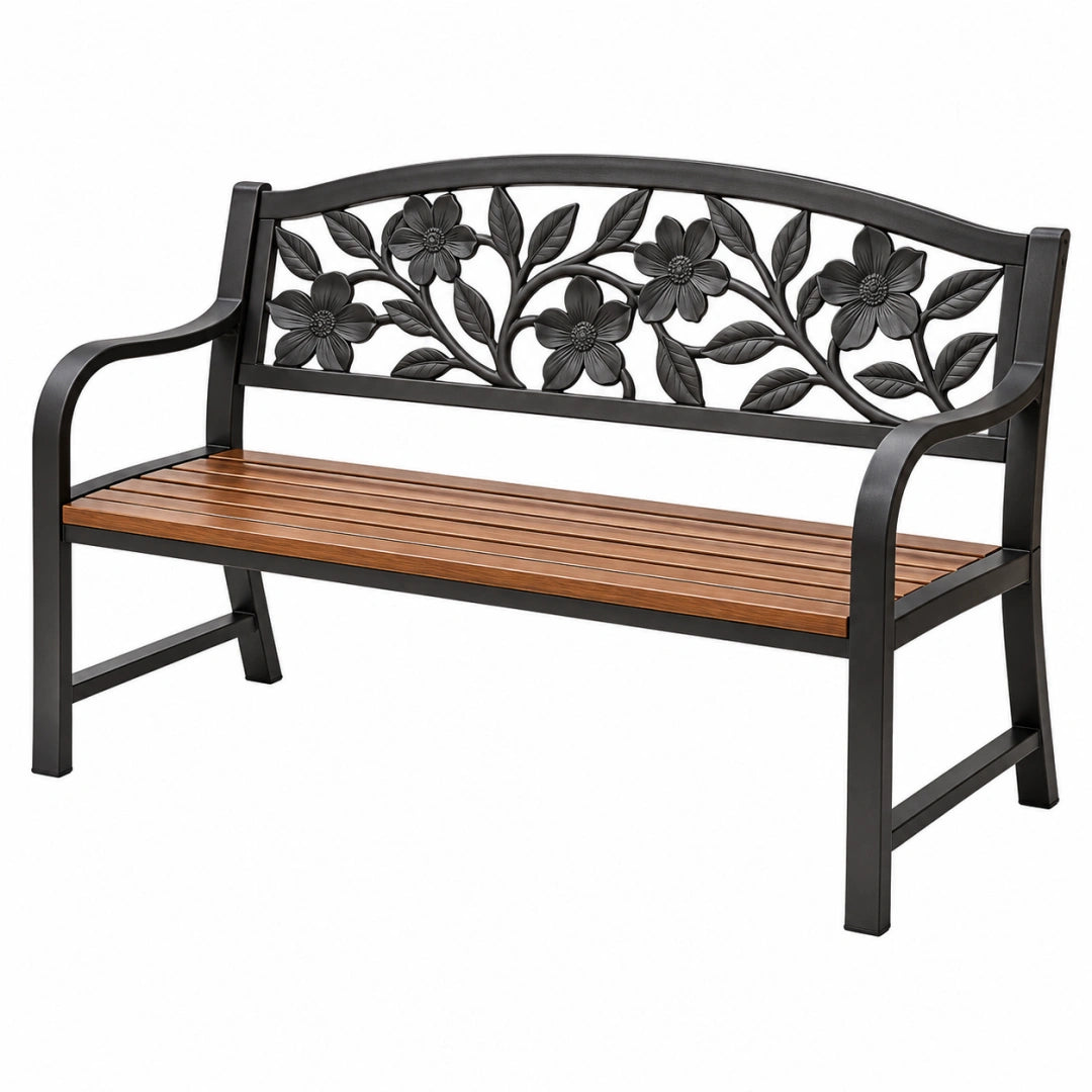 Banc de jardin 122 cm en métal noir et lattes marron à motif floral